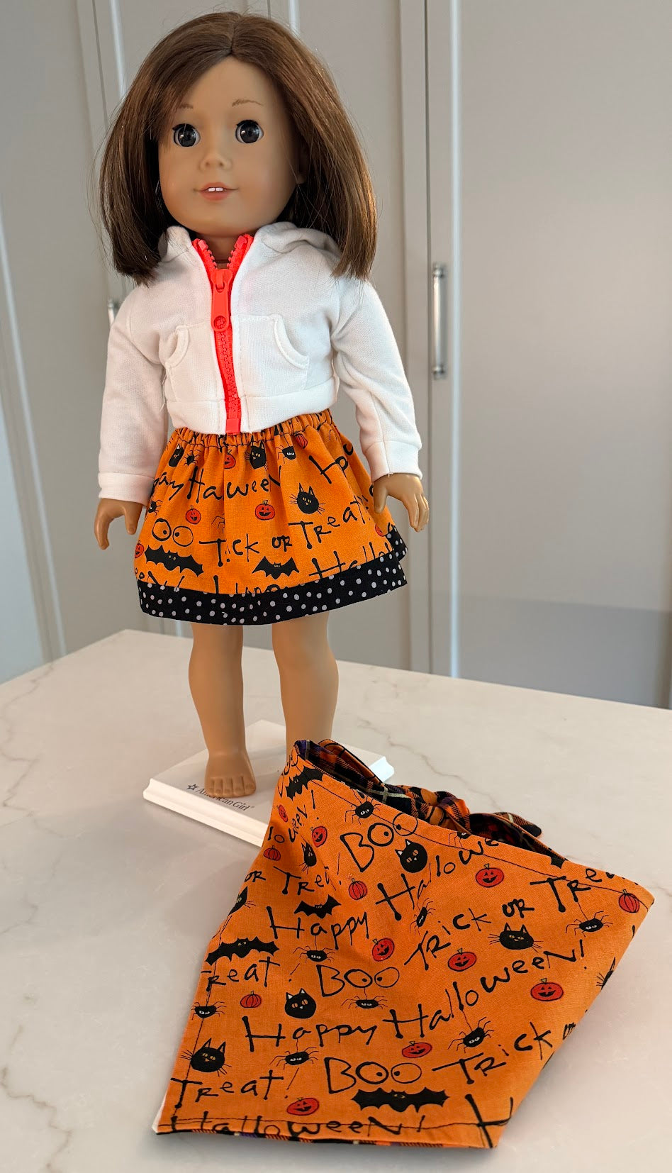 Trick-or-Treat Matching Set (Two Dog Bandanna Sizes Available with Doll Skirt)