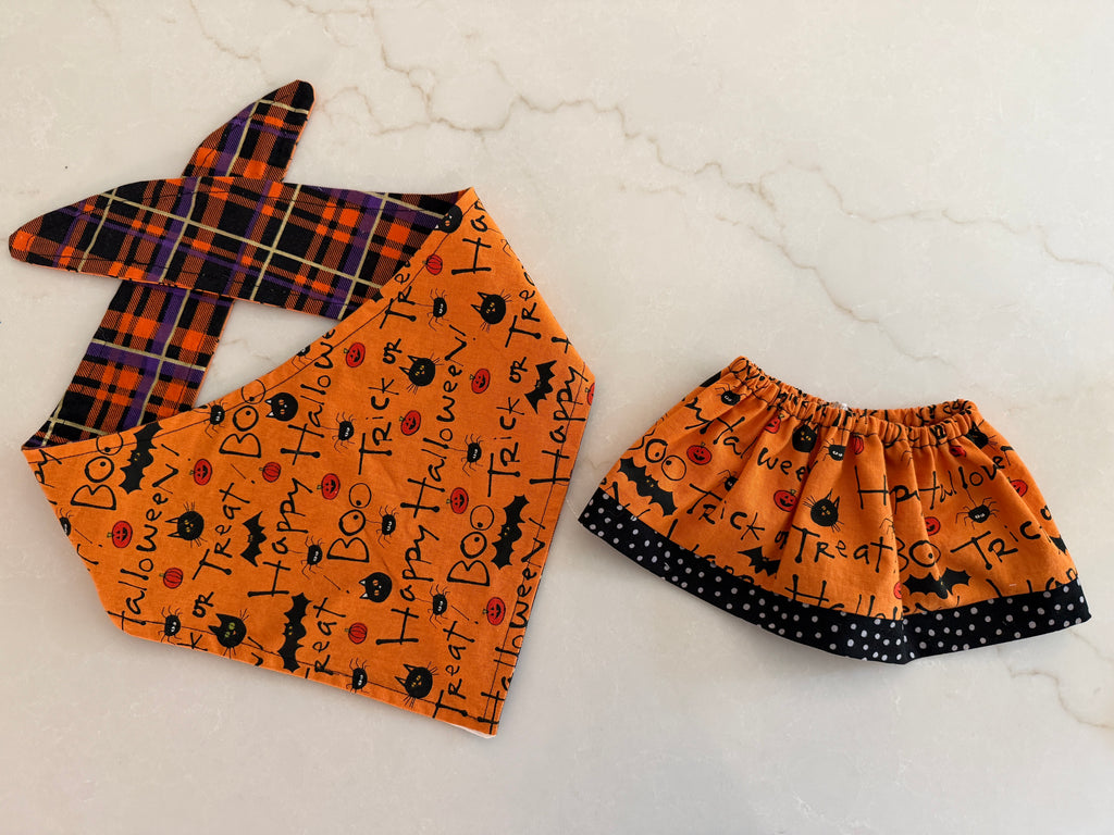 Trick-or-Treat Matching Set (Two Dog Bandanna Sizes Available with Doll Skirt)